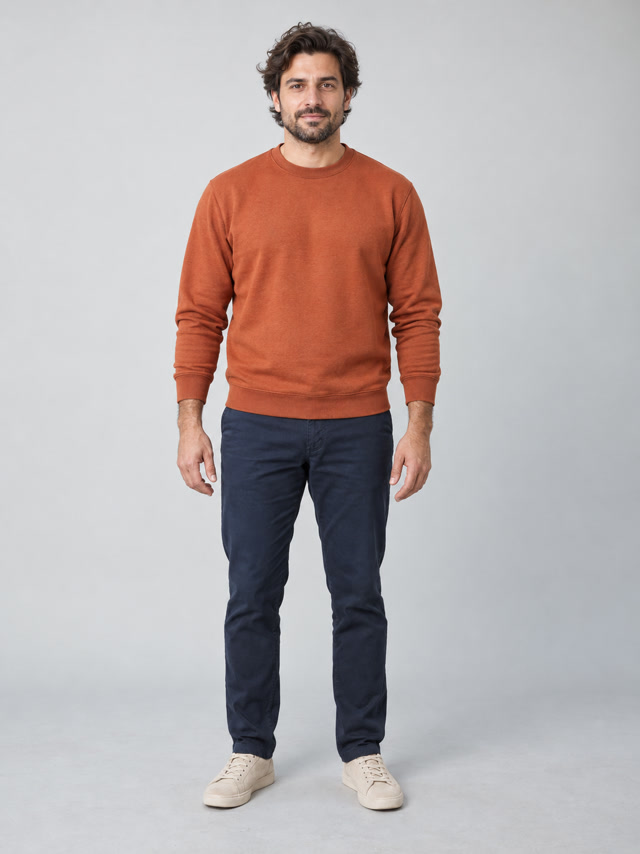 Actual selfie input: fictional adult in a rust-colored shirt.