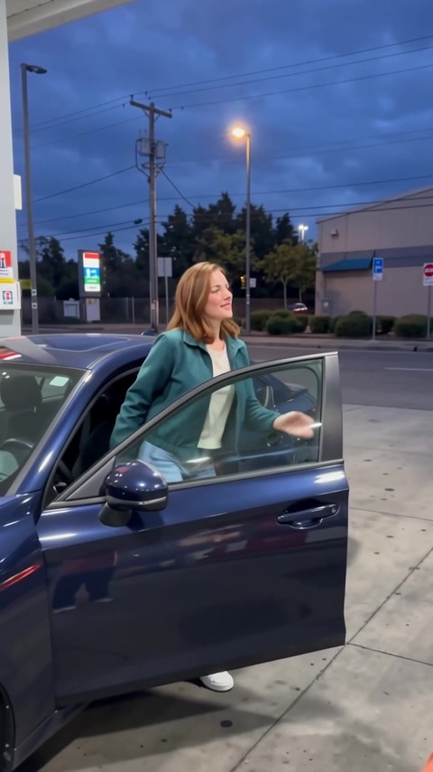 Output frame: teal-jacketed character getting out of a dark car.